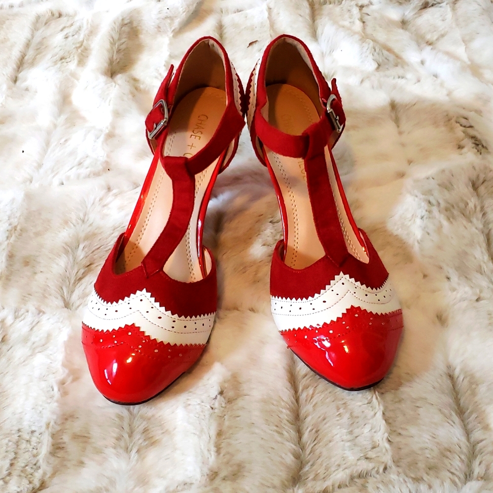 "the angels wanna wear my red shoes-" faux patent leather and suede mary jane's-
